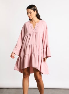 Buy Women's Casual V-Neck Solid Design Long Sleeve Midi Dress Pink in Saudi Arabia