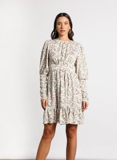 Buy Women's Casual Round Neck Floral Print Long Sleeve Midi Dress 1-Off White/Grey in UAE