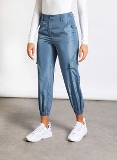 Buy Women's Casual Mid-Rise Elastic Waistband Cropped Length Slim Fit Pants With Side Pockets Blue in Saudi Arabia