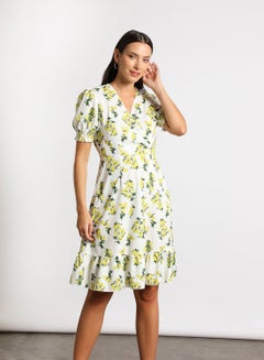 Buy Women's Casual V-Neck Floral Print Short Sleeve Maxi Dress 1-White/Yellow/Green in Saudi Arabia