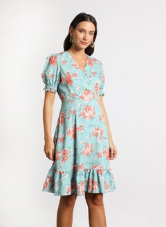 Buy Women's Casual V-Neck Floral Print Short Sleeve Maxi Dress 2-Blue/Pink in Saudi Arabia