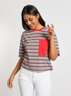 Buy Women's Casual Short Sleeve Polyester Blend T-Shirt With Round Neck Stripes Design Multicolour in UAE