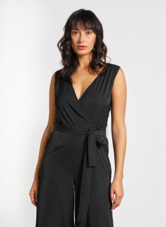 Buy Sleeveless Slim Fit Midi Length Jumpsuit With V Neck Wide Leg Black in Saudi Arabia