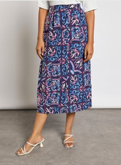 Buy Women's Casual Waistline Midi Length A-Line Skirts Printed Pattern With Front Buttons Blue/White/Pink in Saudi Arabia