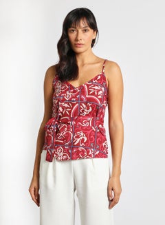 Buy Women's Casual Straps Sleeveless Cotton Blend Cami Crop Top With V-Neck And Belt Printed Pattern Red/White/Blue in UAE