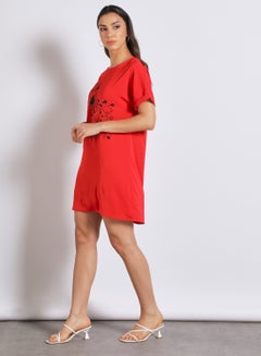 Buy Women's Casual Text Printed Short Sleeve Blocking Dress Red in UAE
