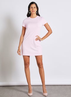 Buy Women's Casual Short Sleeve Slim Mini Dress With Round Neck Printed Pattern Pink in Saudi Arabia