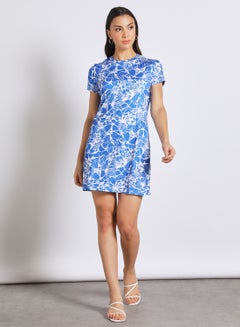 Buy Women's Casual Short Sleeve Slim Mini Dress With Round Neck Printed Pattern BLUE/WHITE in Saudi Arabia