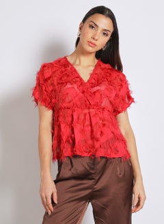 Buy Women's Frill Texture Short Sleeves V-Neck Top Red in UAE