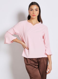 Buy Women's Formal Bell Sleeves Notch Neck Blouse Pink in UAE