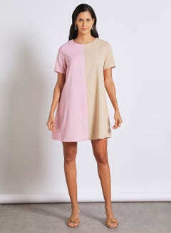 Buy Women's Casual Short Sleeve Knee Length Colour Blocking Dress Pink/Brown in UAE