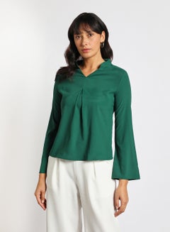 Buy Women's Formal Stand Collar Long Sleeves Blouse With Front Pleat Green in Saudi Arabia