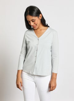 Buy Women's Casual V Neck Long Sleeve Solid Shirt Grey in Saudi Arabia