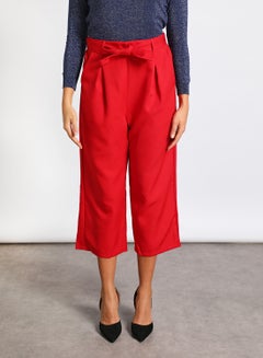 Buy Women's Casual Tie Waist Calf Length Pants With Two Pockets Red in UAE