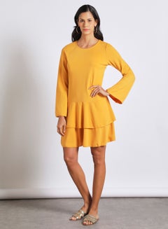 Buy Women's casual long sleeve knee length knit dress Yellow in UAE