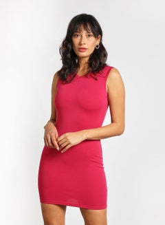 Buy Women's casual sleeveless knit dress fitted Brick Red in UAE