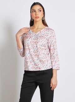 Buy Women's Casual V Neck Long Sleeve Print Top With Back Zipper Multicolour in Saudi Arabia