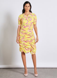 Buy Women's V Neck Sherring Short Sleeve Calf Length Print Dress Yellow in UAE