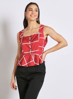 Buy Women's Casual Sleeveless Check Design Peplum Top Red in UAE