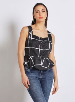 Buy Women's Casual Sleeveless Check Design Peplum Top Black in UAE