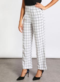 Buy Women's Casual Wide Leg Ankle Length Check Design Pants White/Black in Saudi Arabia