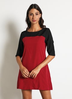 Buy Women'S Casual Knee Length Half Sleeve Contrast Dress Black/Wine Red in Saudi Arabia