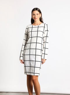 Buy Long Sleeve Check Print Midi Dress White/Black in UAE