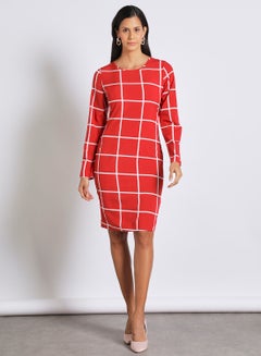Buy Long Sleeve Check Print Midi Dress Red in Saudi Arabia