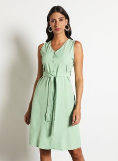 Buy Women'S Casual Midi Sleeveless Solid Long Evening Maxi Dress With Buttons Green in Saudi Arabia
