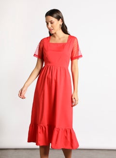 Buy Women's Casual Square Collar See Through Sleeve Long Evening Maxi Dress Red in Saudi Arabia