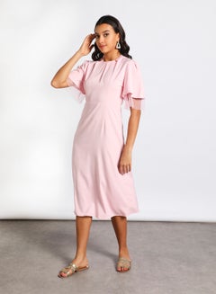 Buy Modest Puff Short  Sleeve Knee Length Dress Baby Pink in Saudi Arabia