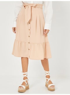 اشتري Self Tie Belt Frill Detail A-Line Midi Skirt بيج في السعودية