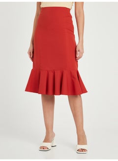 Buy Frill Hem Detail Midi Skirt Red in Saudi Arabia