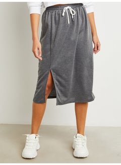 Buy Drawstring Slit Detail Midi Skirt Grey in Saudi Arabia