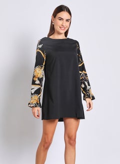 اشتري Women's Polyester Blend Long Sleeve Mini Dress With Boat Neck Black/Brown في السعودية