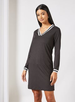 Buy Textured Ribbed Mini Dress Black in Saudi Arabia