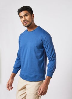 Buy Mens Solid Pattern Dual Color Block Long Sleeves Crew Neck Pullover Sweatshirt Blue in Saudi Arabia