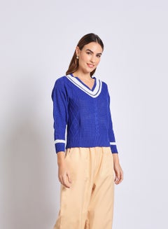 Buy Women V-Neck Color Block Sweater Blue in UAE