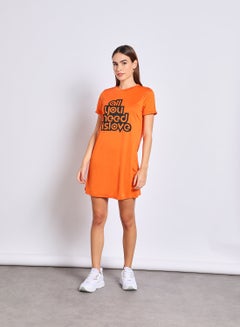Buy Women'S Casual Mini Short Sleeve Solid Knit Dress With Print Orange in Saudi Arabia