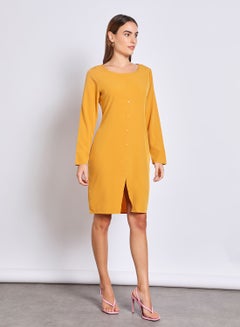 Buy Women'S Casual Knee Length Long Sleeve Plain Basic Dress Yellow in UAE