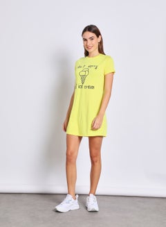 Buy Women'S Casual Knee Length Short Sleeve Printed Knit Dress Yellow in UAE