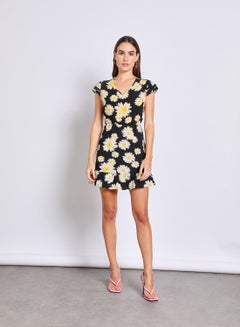 Buy Woven Floral Print Dress Black/White/Yellow in Saudi Arabia