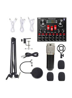 Buy Professional Condenser Microphone With V8S Live Sound Card And Studio Recording Broadcasting Set Black/Silver in UAE