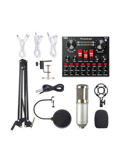 Buy Professional Condenser Microphone With V8S Live Sound Card And Studio Recording Broadcasting Set Black/Silver in Saudi Arabia