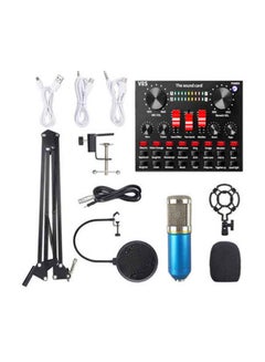 Buy Professional Condenser Microphone With V8S Live Sound Card And Studio Recording Broadcasting Set Black/Blue in UAE