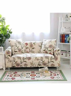 Buy 2-Seater Exquisitely Floarl Designed Wrinkle-free Anti-slip 360-degree Full Coverage Sofa Slipcover Beige Length Stretch From 145 To 185cm in Saudi Arabia