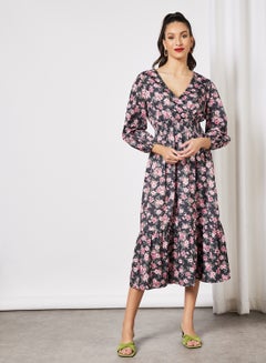 Buy Floral Print V-Neck Dress Multicolour in Saudi Arabia