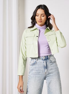 Buy Faux Leather Crop Jacket Green in Saudi Arabia