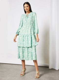 Buy Floral Print Puff Sleeve Dress Green in Saudi Arabia