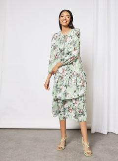 Buy Floral Print Puff Sleeve Dress Green in UAE